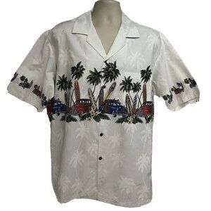 Pacific Legend White Hawaiian Floral Woody Surfboard Button Up Shirt XL Pocket